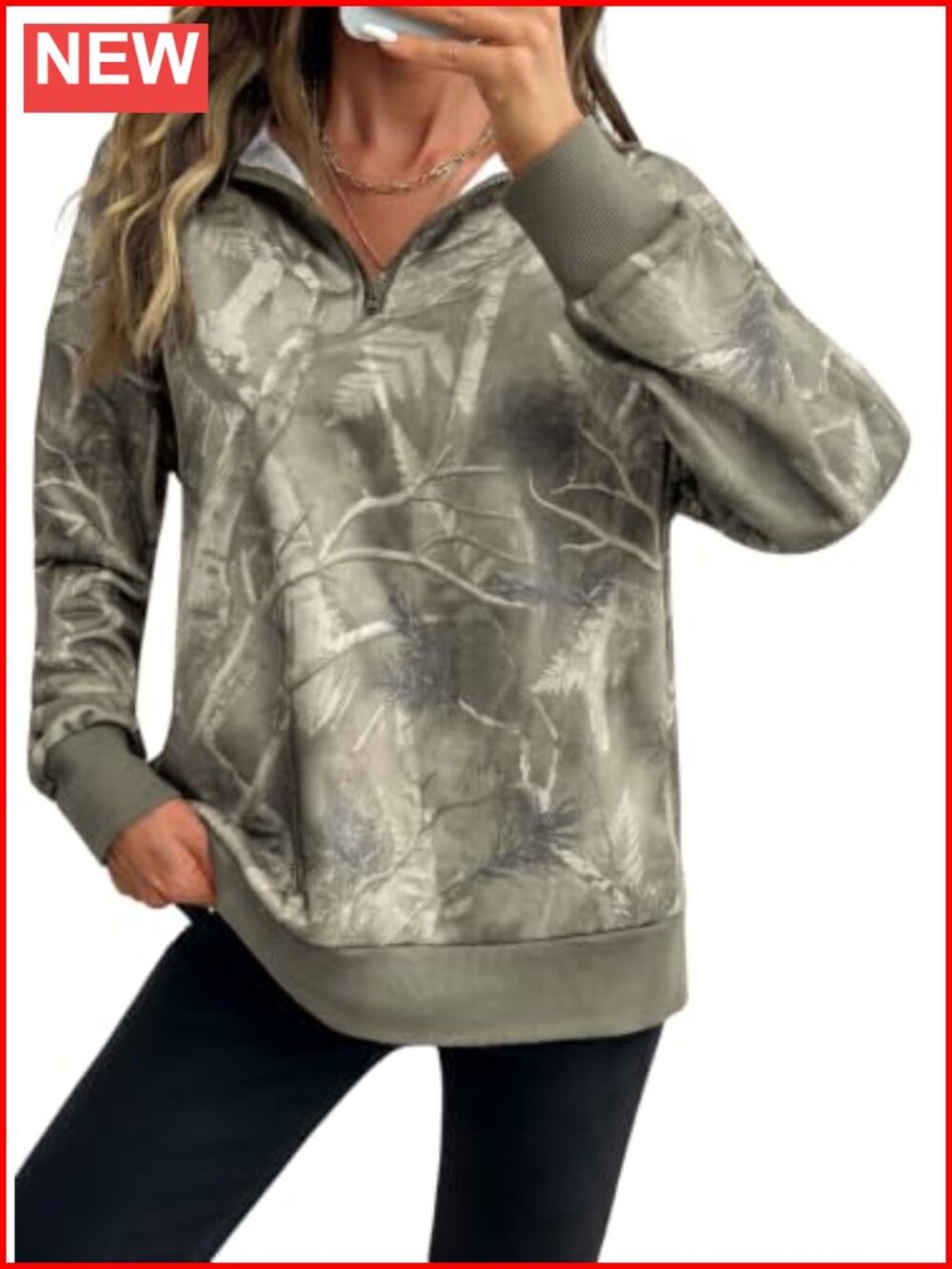 Women's Quarter Zip Sweatshirt Leaf Pattern Pullover Loose Fit Polyester